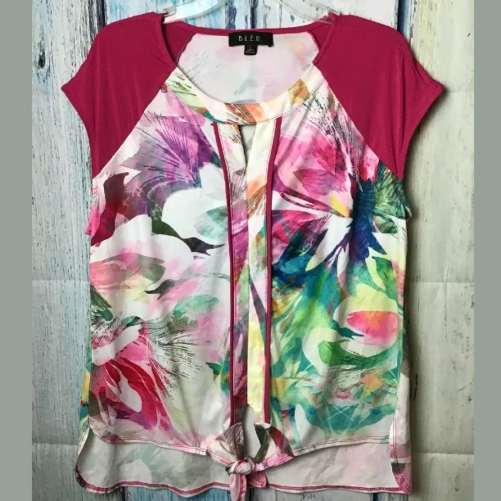 B.L.E.U Keyhole Tie Front Printed Blouse (A)